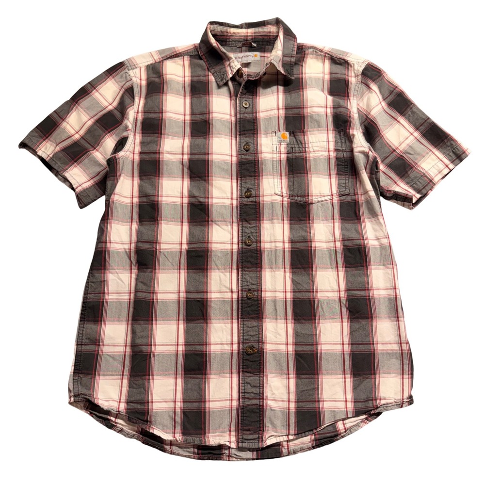 Carhartt Mens Medium Plaid Short Sleeve Button Down Shirt Red Black White